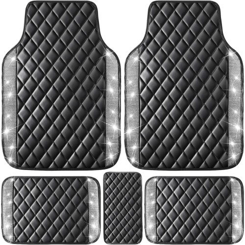 Bling Leather Car Floor Mats Full Set, Sparkly Diamond Car Mats Universal Fit Most Automotive, Waterproof Anti-Slip, 5 pcs Set