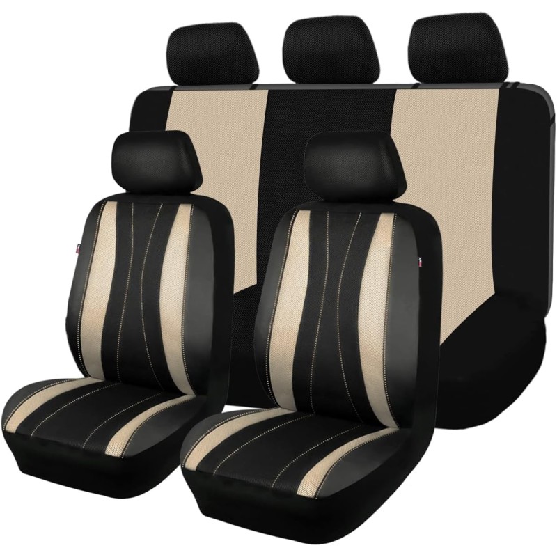 Car seat Covers Set airmesh Breathable Fashion Easy Bench Split Protectors Sport Fashion (Black Beige, Full Set - Low Back)