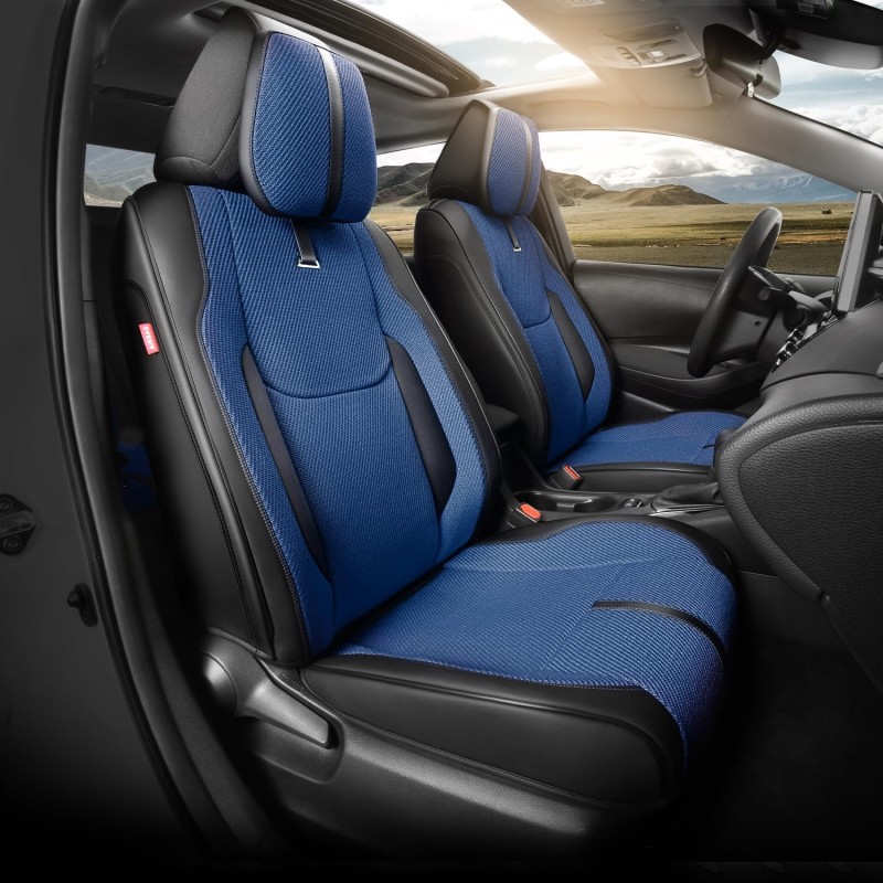 Front Leather Car Seat Covers,Breathable and Waterproof Faux Leather Automotive Seat Covers,Universal Anti-Slip, Navy Blue