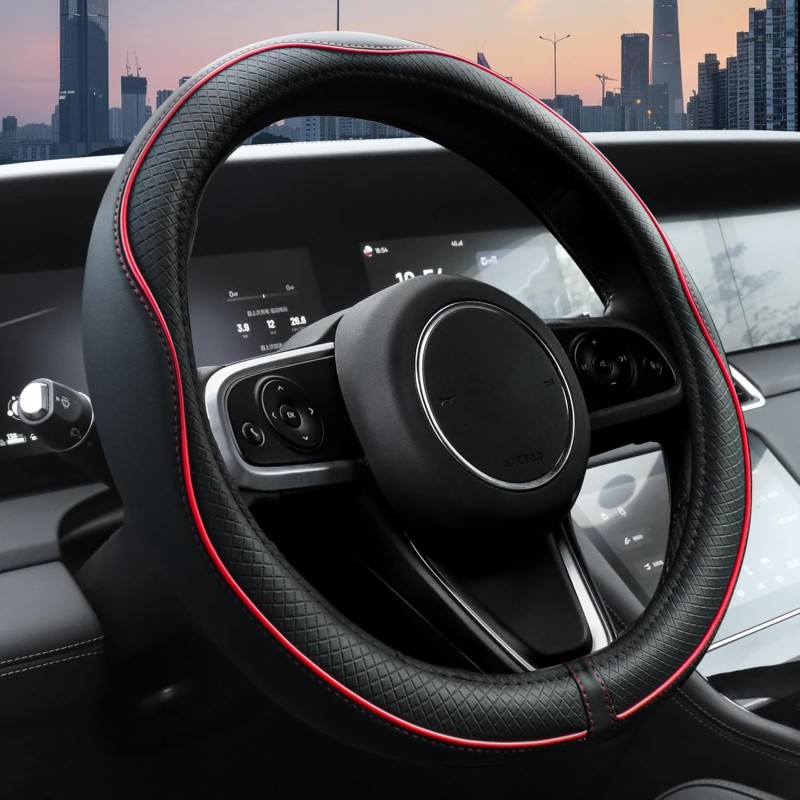 Car Steering Wheel Cover, Microfiber Leather with Anti-Slip Lining, Universal 14.5-15 inchs Black with Red line