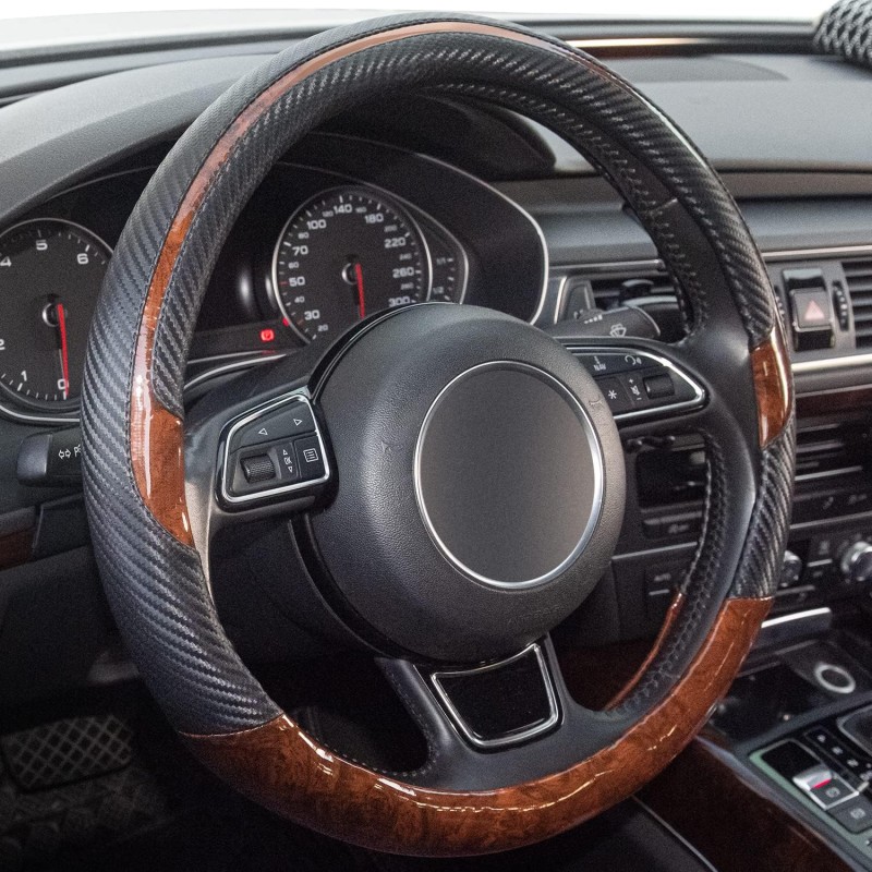 Wood Grain Steering Wheel Cover Black Microfiber Leather, Suitable for 14 1/2-15 inch Comfortable Anti-Slip, Good Breathable